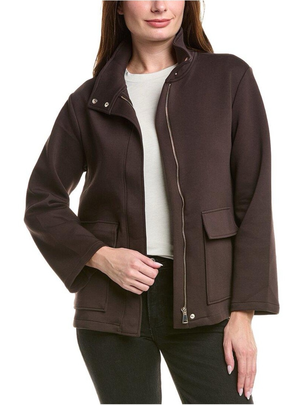 Magaschoni  Scuba Jacket, Chocolate Brown Boxy Gold Buttons Pockets Large NEW